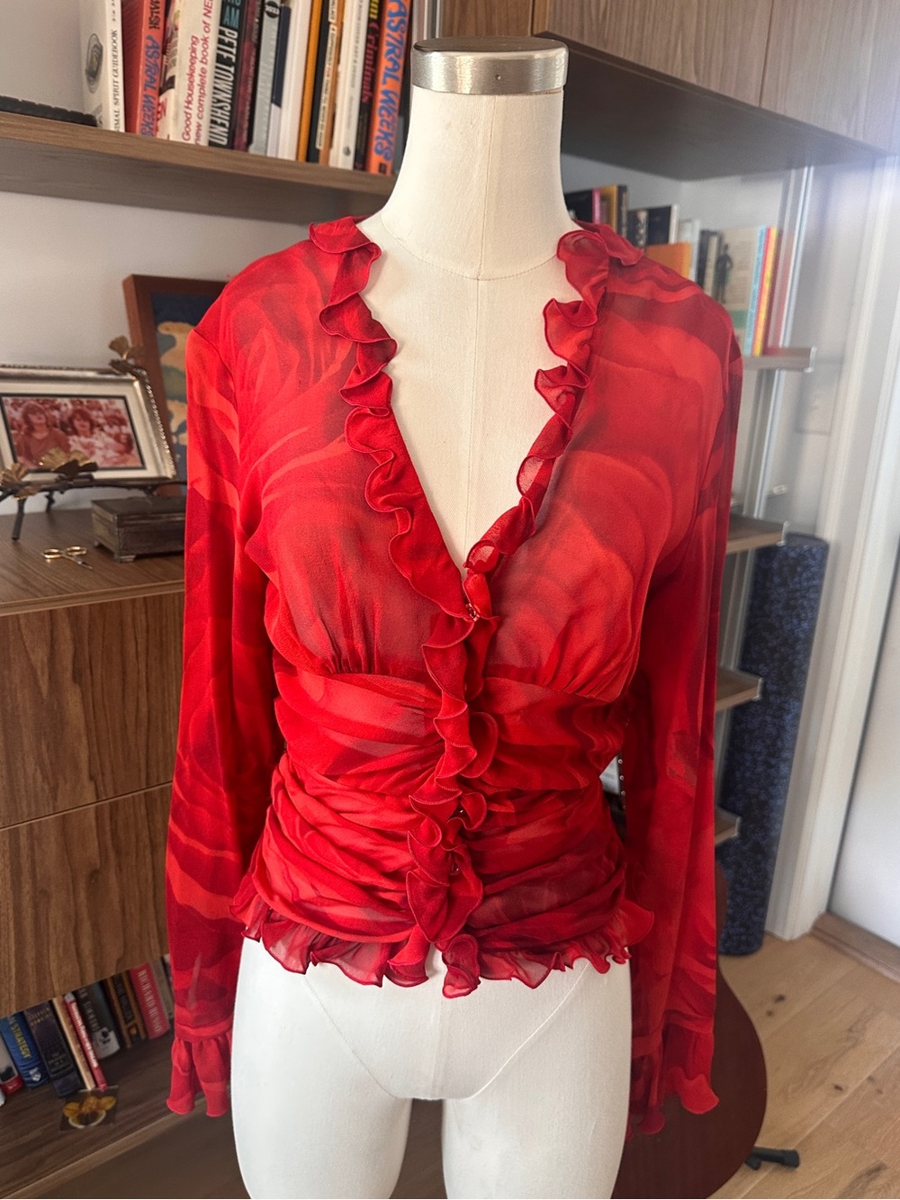 Escada Silk Sheer Ruched Ruffle Blouse Red Y2K Top XS/S